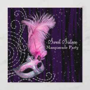 Black Purple Pink Sweet 16 Masquerade Party Invitation