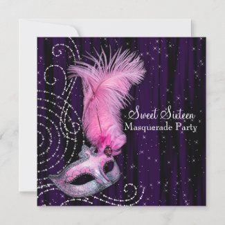 Black Purple Pink Sweet 16 Masquerade Party Invitation