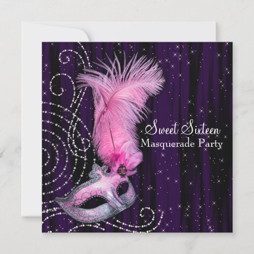 Black Purple Pink Sweet 16 Masquerade Party Invitations