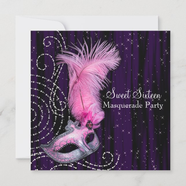 Black Purple Pink Sweet 16 Masquerade Party Invitation (Front)