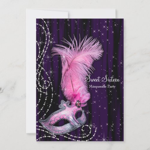 Black Purple Pink Sweet 16 Masquerade Party Invitation