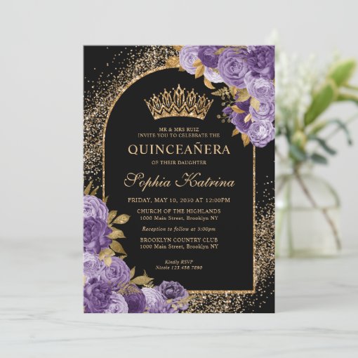 Black Purple Plum Gold Glitter Floral Quinceanera Invitation | Zazzle