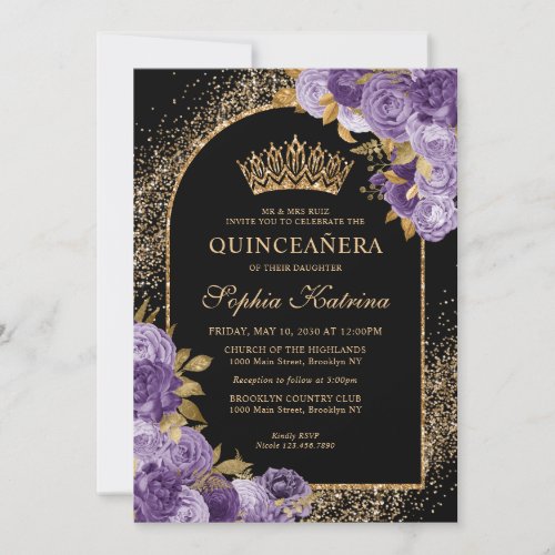 Black Purple Plum Gold Glitter Floral Quinceanera Invitation