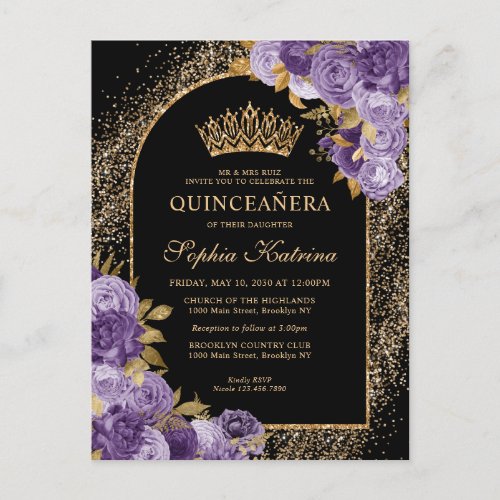 Black Purple Plum Gold Glitter Floral Quinceanera Invitation Postcard
