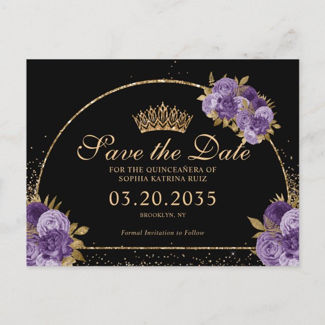 Black Purple Plum Gold Glitter Floral Quinceanera Postcard (Front)