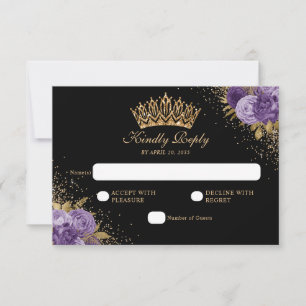 Black Purple Plum Gold Glitter Floral Quinceanera RSVP Card