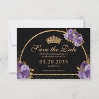 Black Purple Plum Gold Glitter Floral Quinceanera