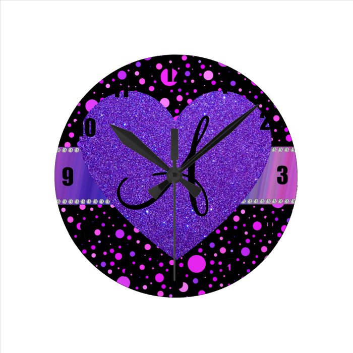 Black purple polka dots purple heart clock