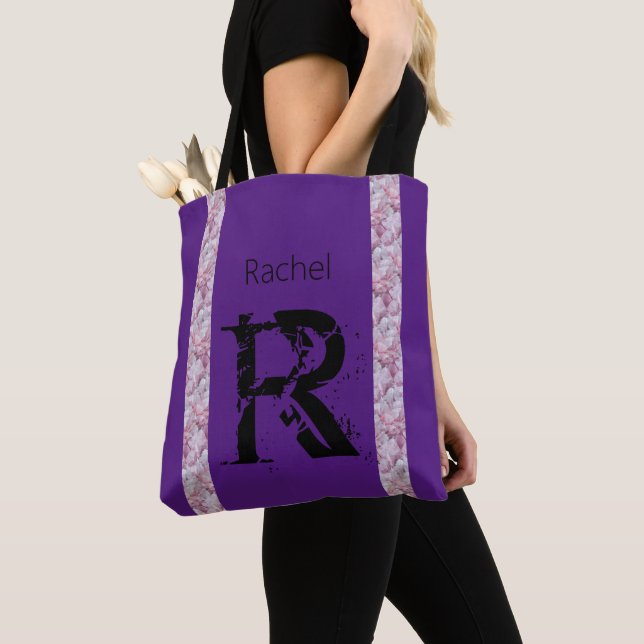 Black Purple Quartz Monogram Name Elegant Modern Tote Bag (Close Up)