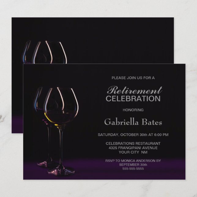Black Purple Retirement Wine Glass Party Invitation (Front/Back)