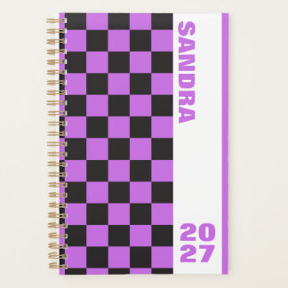 Black Purple Retro Checkerboard Custom Name Year Planner
