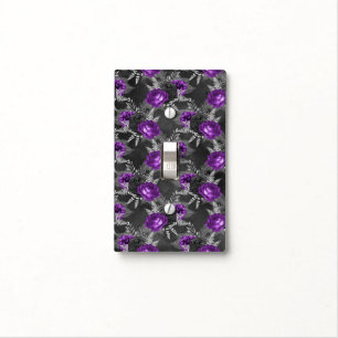 Black Purple Rose Elegant Silver Leaves Garden Light Switch Cover