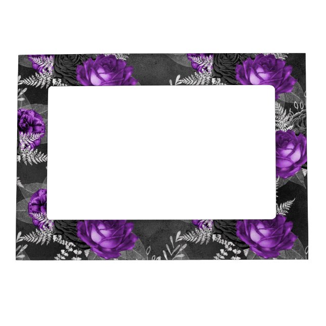 Black Purple Rose Elegant Silver Leaves Garden Magnetic Frame (Front)