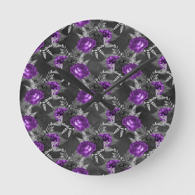 Black Purple Rose Elegant Silver Leaves Garden Round Clock (Front)