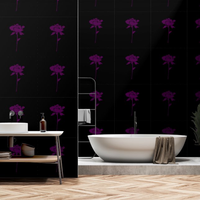 Black Purple Rose Floral Patterns Elegant Trendy Wallpaper (Bathroom)