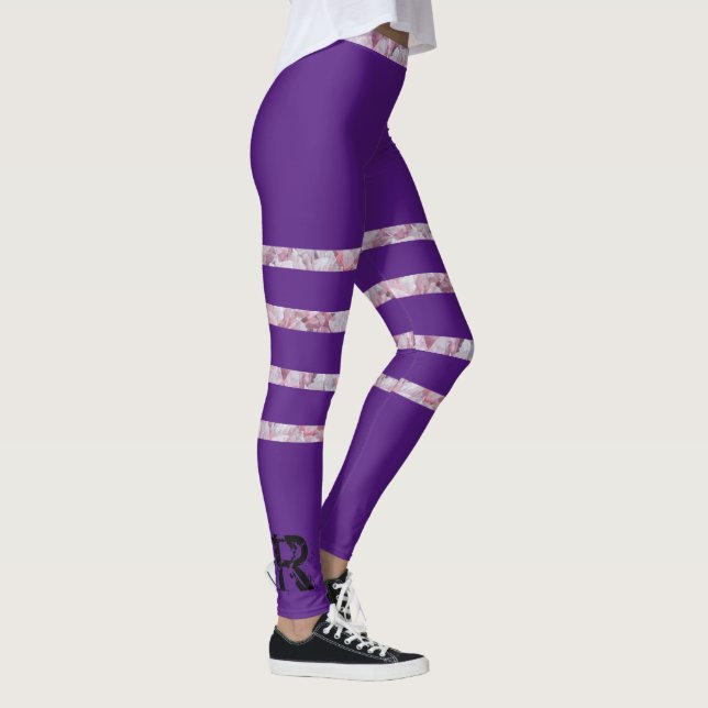 Black Purple Rose Quartz Striped Monogram Modern   Leggings (Right)