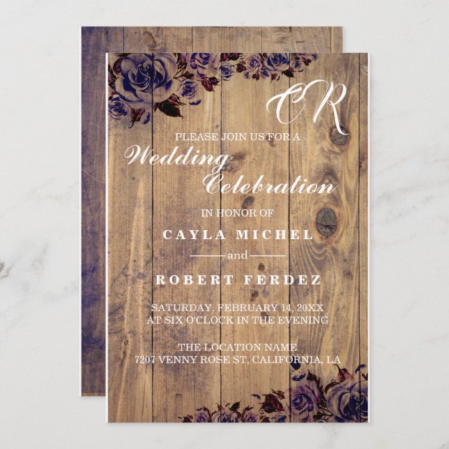 Black Purple Rose Rustic Wedding Invitation (Front/Back)