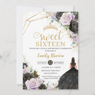 Black Purple Roses Floral Princess Sweet Sixteen Invitation