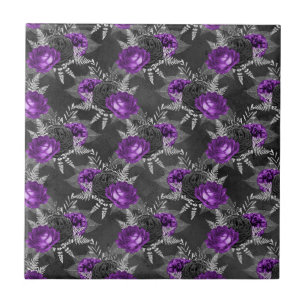 Black Purple Roses Silver Leaves Dark Garden Ceramic Tile
