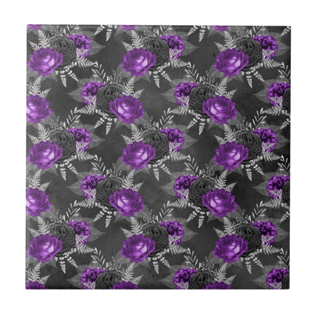 Black Purple Roses Silver Leaves Dark Garden Ceramic Tile (Front)