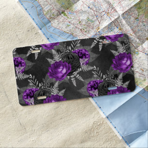Black Purple Roses Silver Leaves Dark Garden License Plate