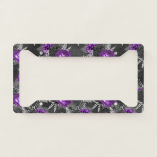 Black Purple Roses Silver Leaves Dark Garden License Plate Frame