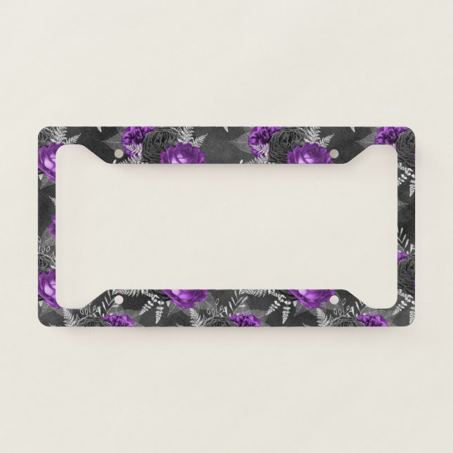Black Purple Roses Silver Leaves Dark Garden License Plate Frame (Front)