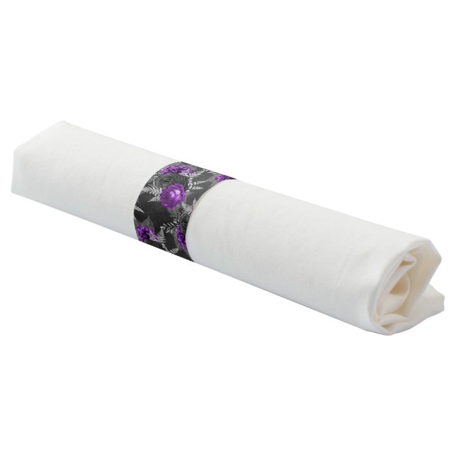 Black Purple Roses Silver Leaves Dark Garden Napkin Bands (Angled)