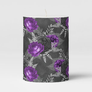 Black Purple Roses Silver Leaves Dark Garden Pillar Candle