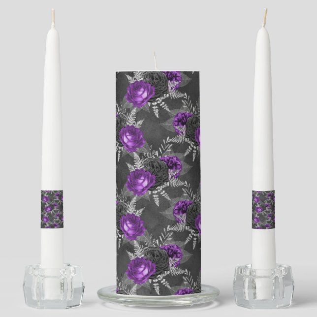 Black Purple Roses Silver Leaves Dark Garden Unity Candle Set (Front)