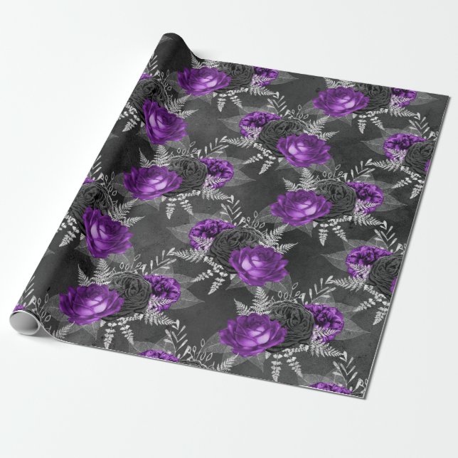 Black Purple Roses Silver Leaves Dark Garden Wrapping Paper (Unrolled)