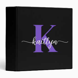 Black Purple Script Monogram 3 Ring Binder