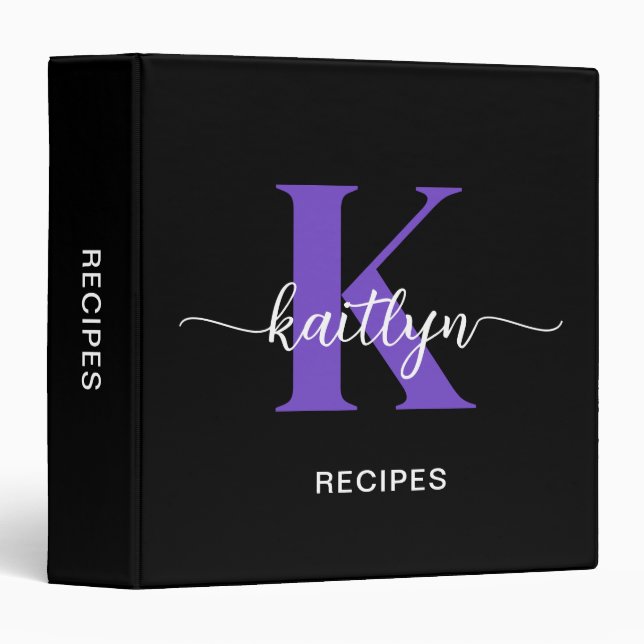 Black Purple Script Monogram 3 Ring Binder (Front/Spine)