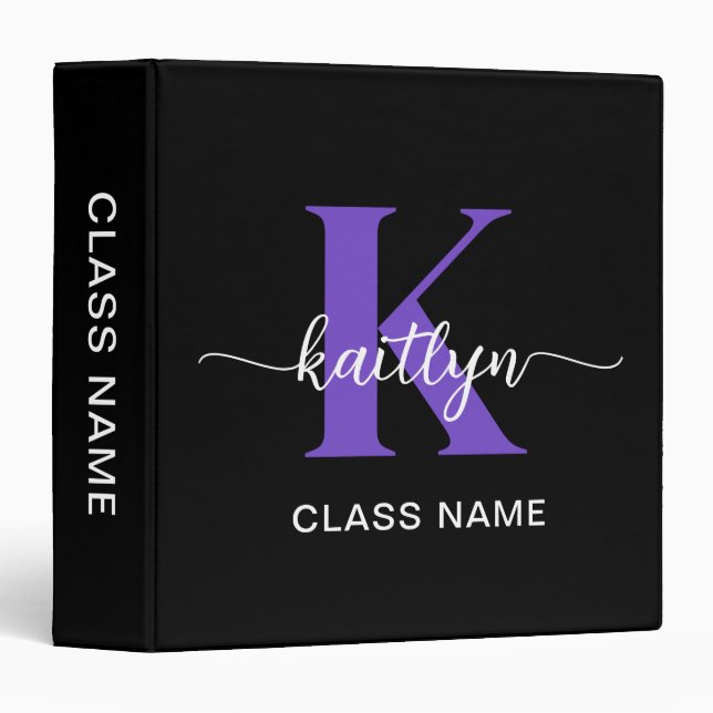 Black Purple Script Monogram 3 Ring Binder (Front/Spine)