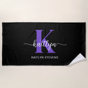 Black Purple Script Monogram Beach Towel