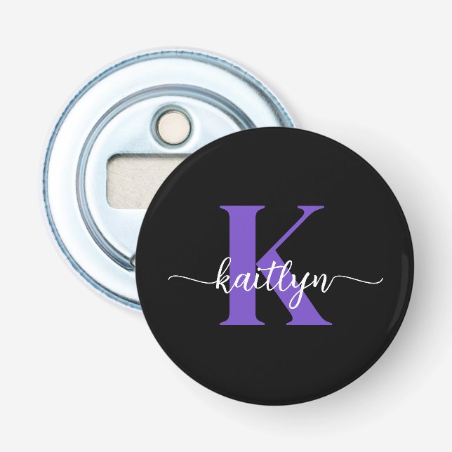 Black Purple Script Monogram Bottle Opener (Front)