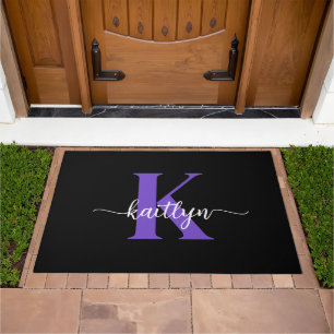 Black Purple Script Monogram Doormat