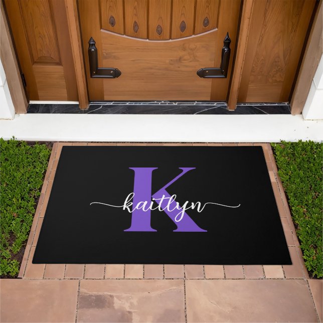 Black Purple Script Monogram Doormat (Outdoor)
