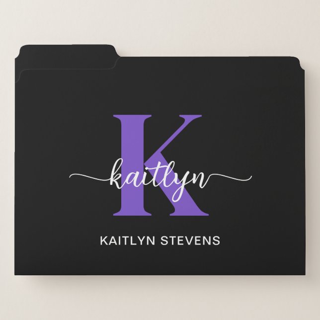 Black Purple Script Monogram File Folder (Front Left)