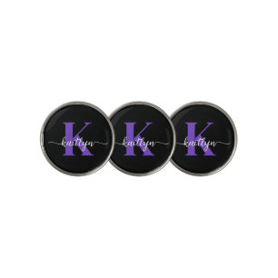 Black Purple Script Monogram Golf Ball Marker