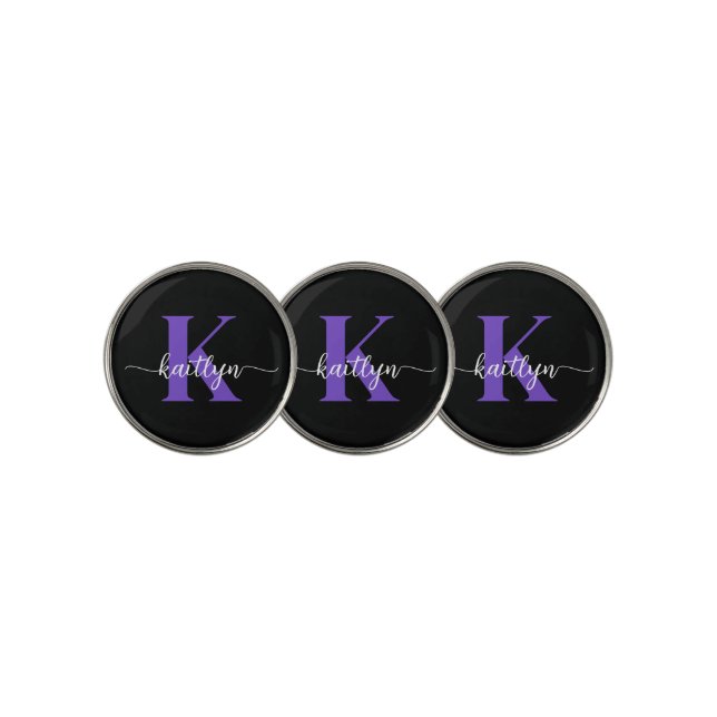 Black Purple Script Monogram Golf Ball Marker (3 Up)