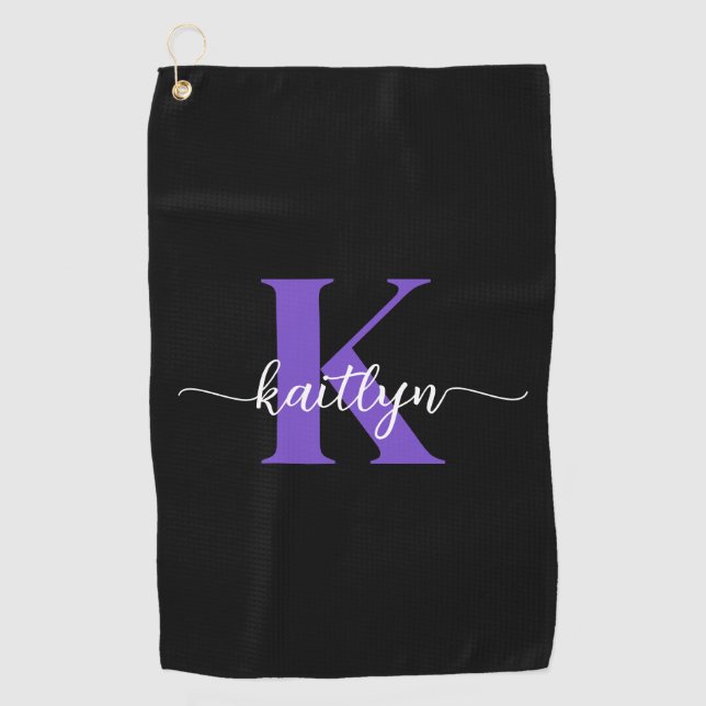 Black Purple Script Monogram Golf Towel (Front)