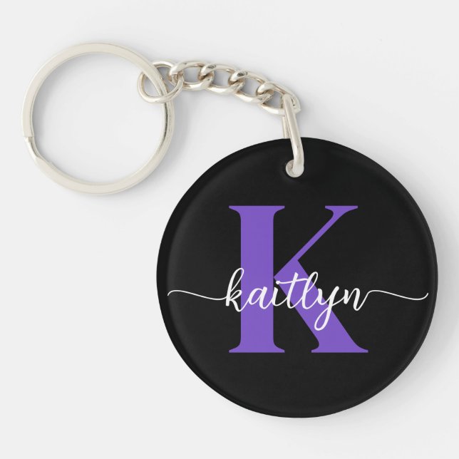Black Purple Script Monogram Keychain (Front)