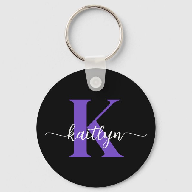 Black Purple Script Monogram Keychain (Front)