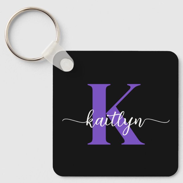Black Purple Script Monogram Keychain (Front)