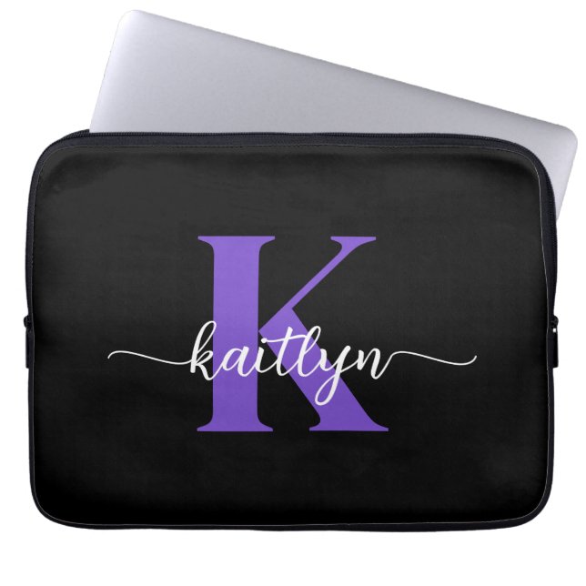 Black Purple Script Monogram Laptop Sleeve (Front)