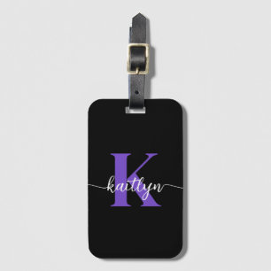 Black Purple Script Monogram Luggage Tag