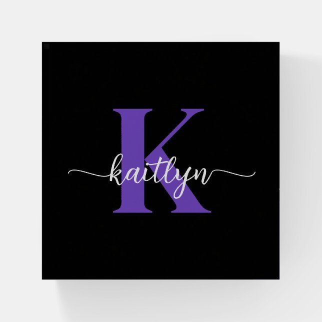 Black Purple Script Monogram Paperweight (Front)