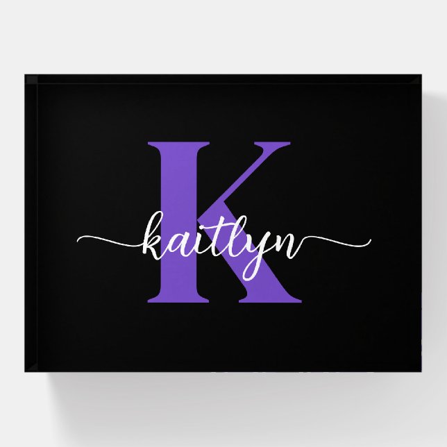 Black Purple Script Monogram Paperweight (Front)