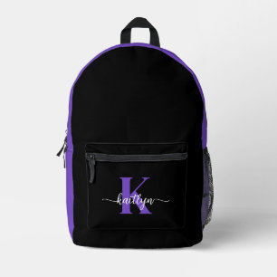Black Purple Script Monogram Printed Backpack